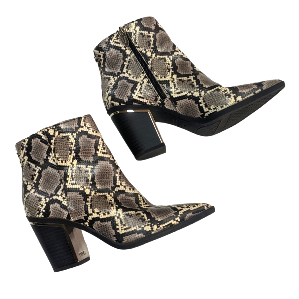 Sam Edelman, black gray and cream snakeskin print heeled booties. Size 7